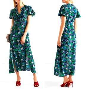 SALONI Green Floral Josee Crepe de Chine Silk Ruffle midi dress - Size 8.